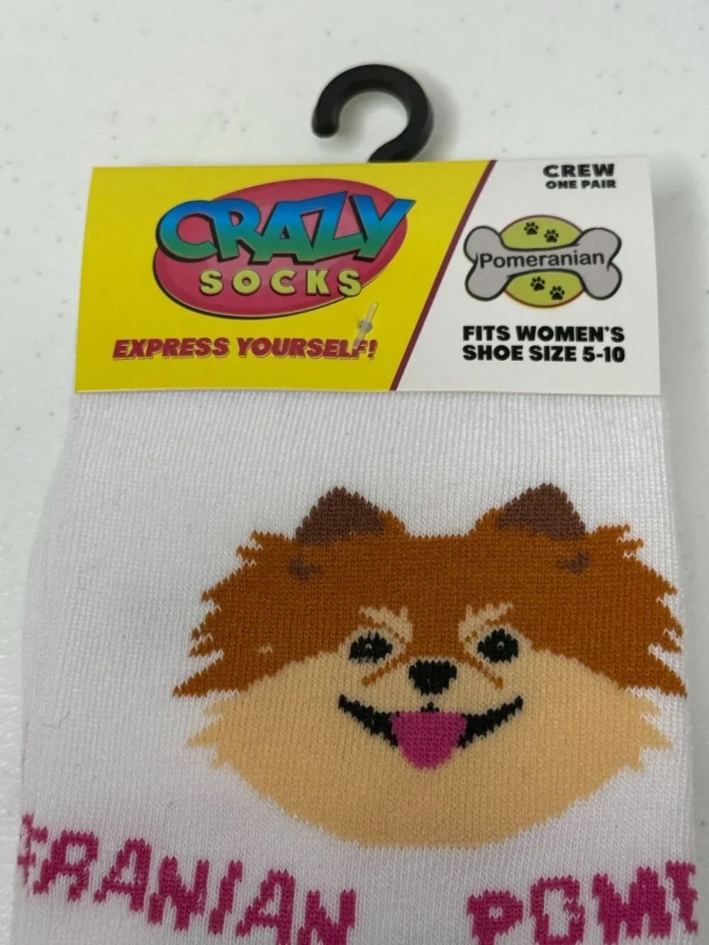Pomeranian Dog Crew Socks Womens 5-10 Cute Puppy White Pink